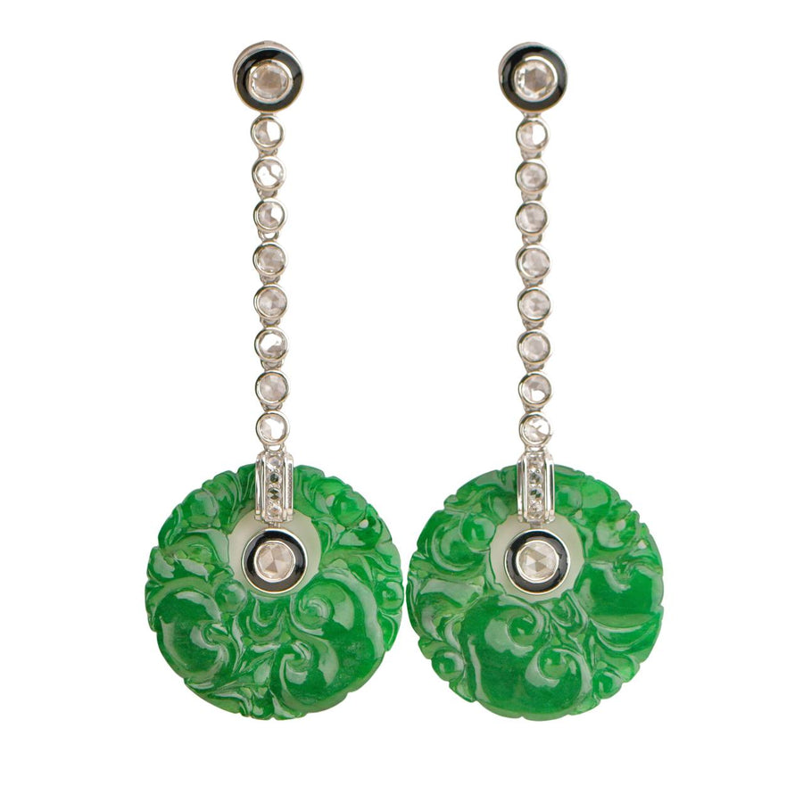 Preloved Carved Jadeite Diamond Onyx 18K White Gold Earrings