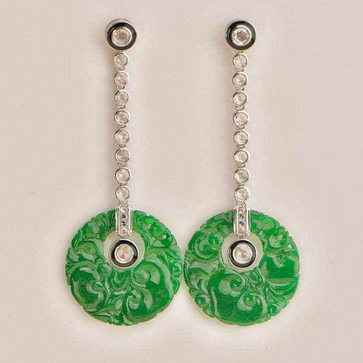 Second Hand Carved Jadeite Diamond Onyx 18K White Gold Earrings