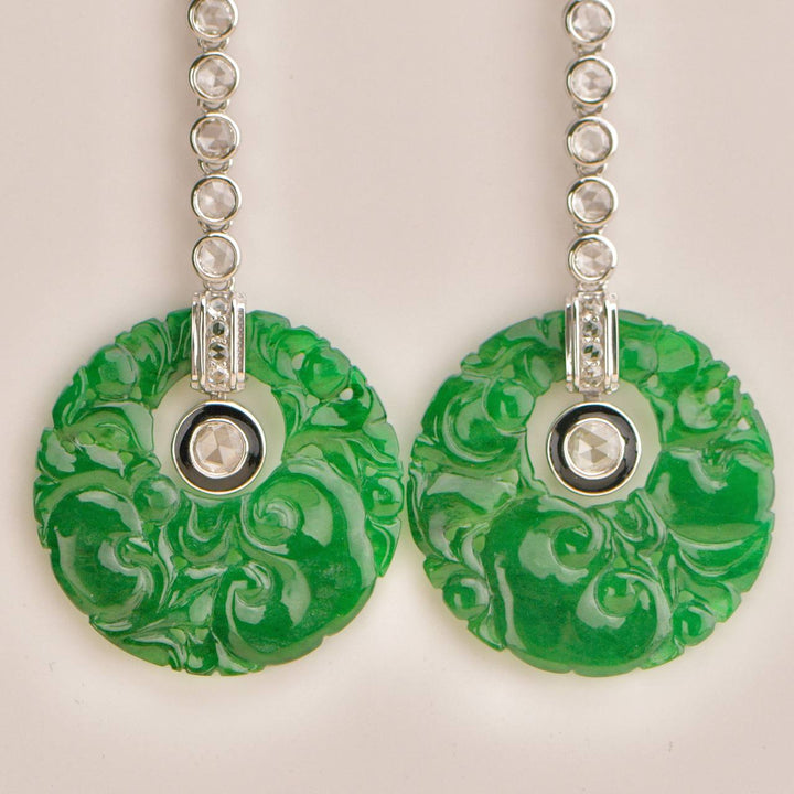 Used Carved Jadeite Diamond Onyx 18K White Gold Earrings