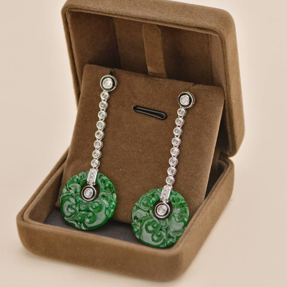 Preowned Carved Jadeite Diamond Onyx 18K White Gold Earrings