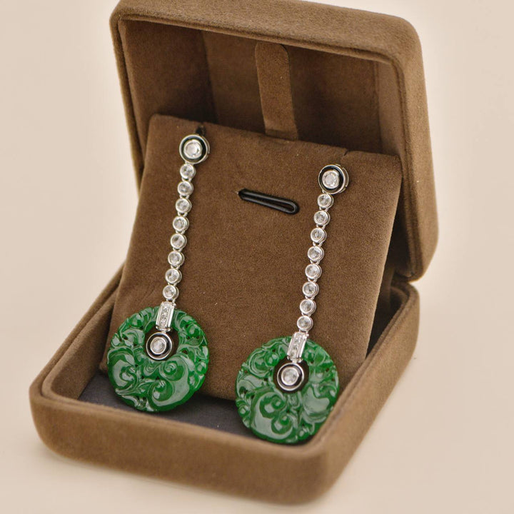 Preowned Carved Jadeite Diamond Onyx 18K White Gold Earrings