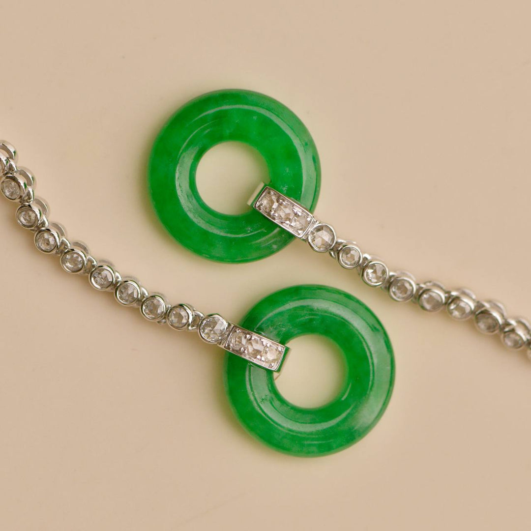 Preowened Jadeite Diamond 18K White Gold Drop Earrings