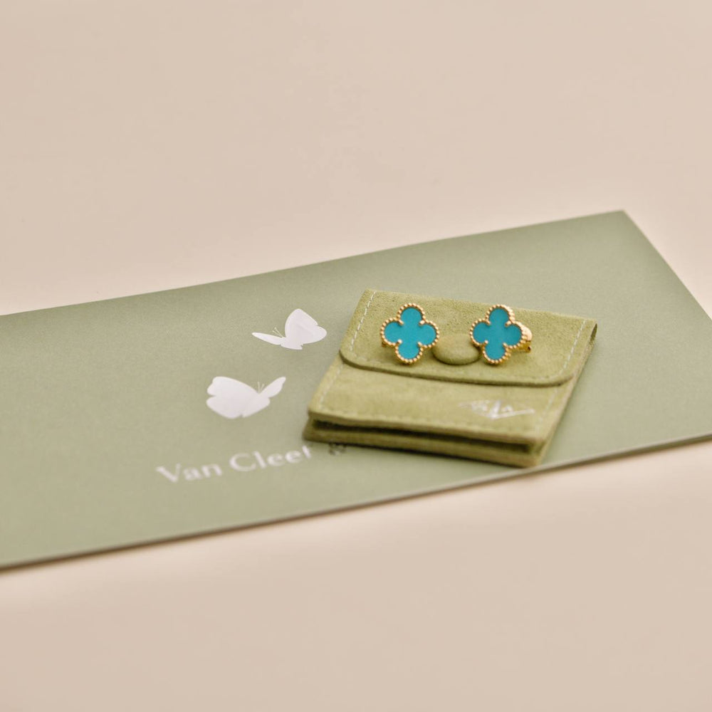 Preloved VCA Vintage Alhambra Turquoise 18K Yellow Gold Earrings