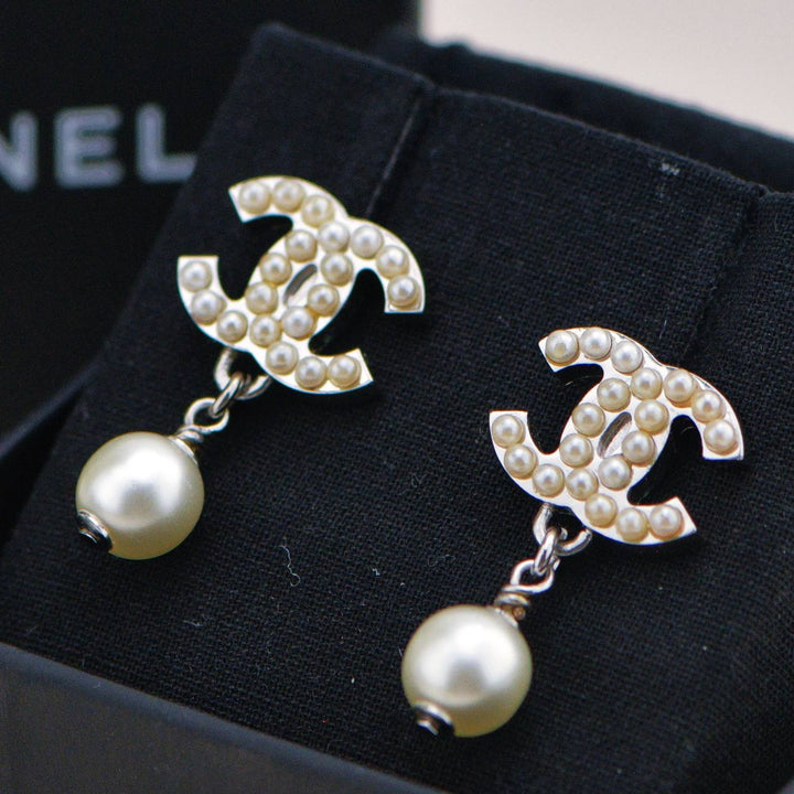 Used Chanel CC Logo Faux Pearl Drop Earrings