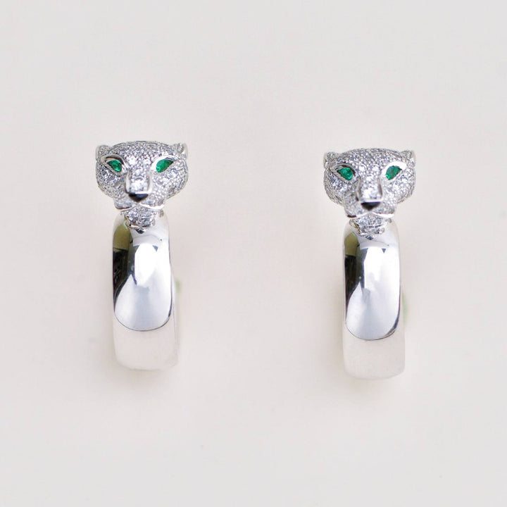 Second Hand Cartier Panthère de Cartier 18K White Gold Emerald Diamond Hoop Earrings