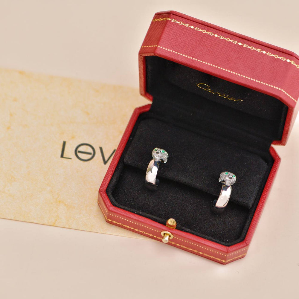 Preowned Cartier Panthère de Cartier 18K White Gold Emerald Diamond Hoop Earrings