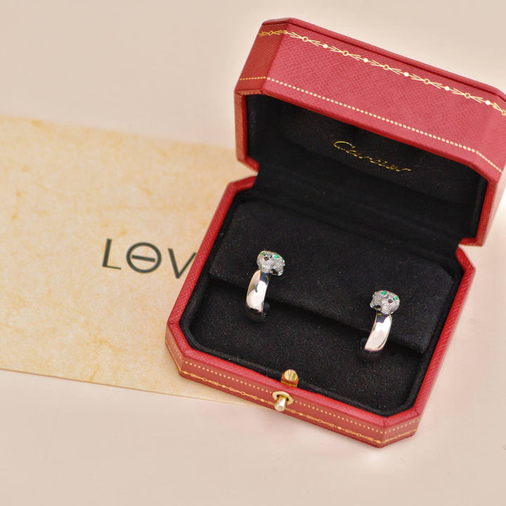 Preowned Cartier Panthère de Cartier 18K White Gold Emerald Diamond Hoop Earrings