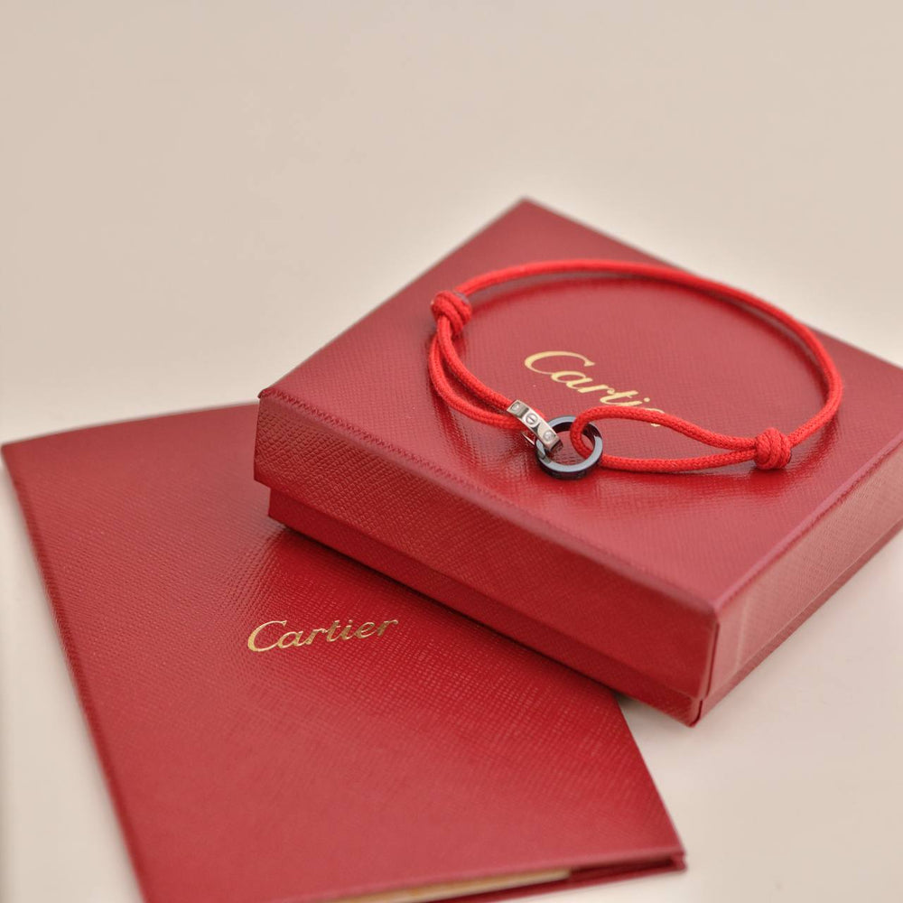 Preowned Cartier Love Diamond 18k White Gold Sèvres Porcelain Red Cord Bracelet