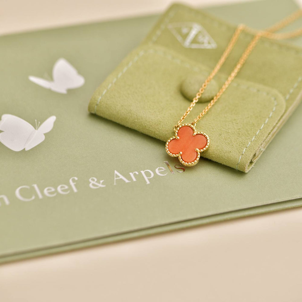 Preowned Van Cleef & Arpels Vintage Alhambra Coral 18K Yellow Gold Pendant Necklace
