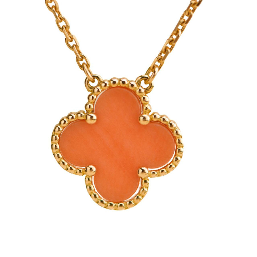 Preloved Van Cleef & Arpels Vintage Alhambra Coral 18K Yellow Gold Pendant Necklace