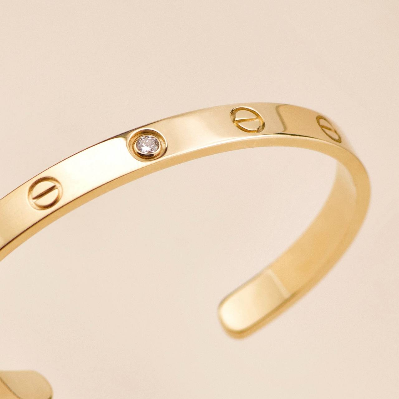 Cartier Love Cuff Bracelet One Diamond 18K Yellow Gold Size 17