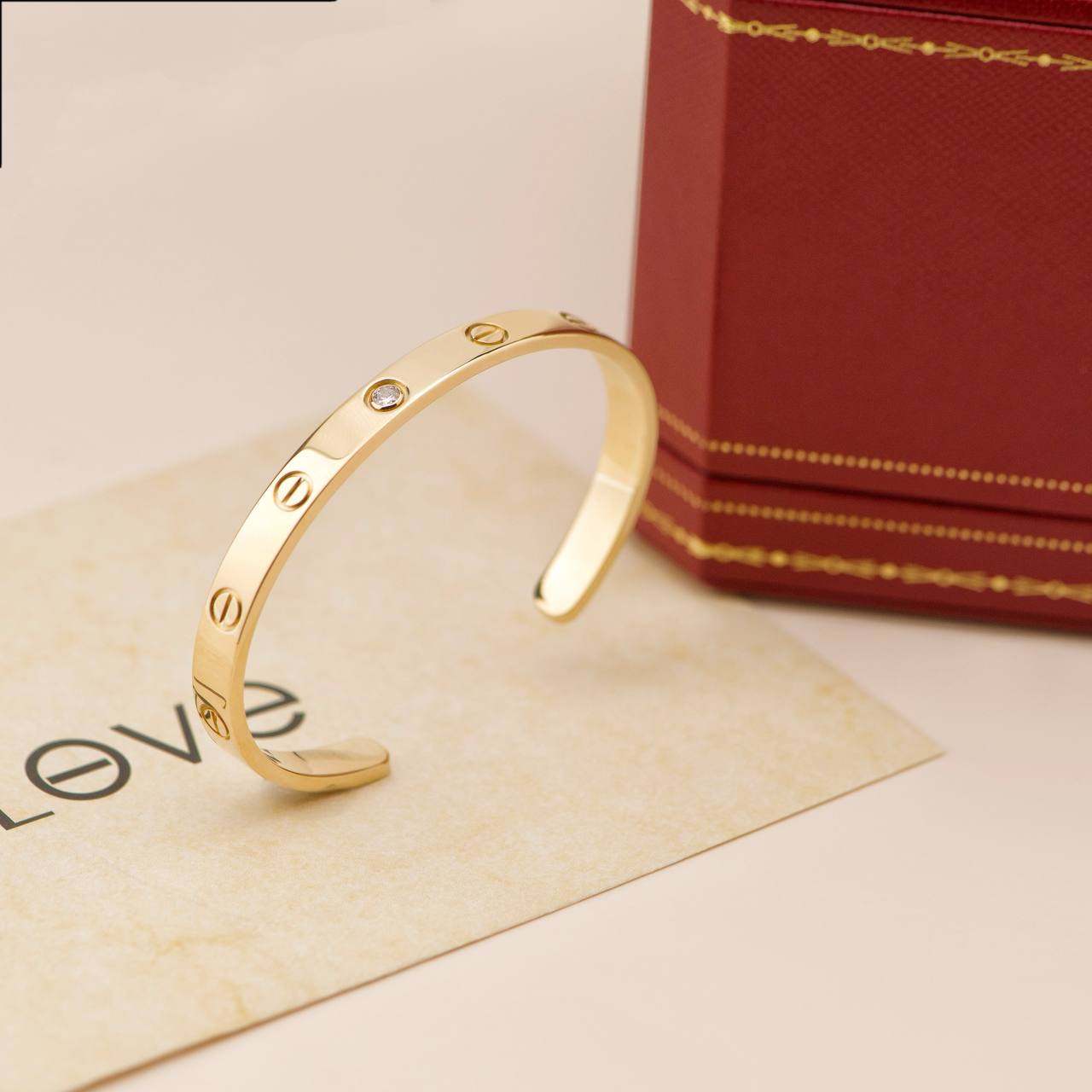 Cartier Love Cuff Bracelet One Diamond 18K Yellow Gold Size 17
