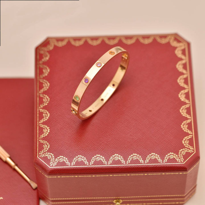 Second Hand Cartier Rainbow Multi Gem 18K Rose Gold Bracelet Size 17