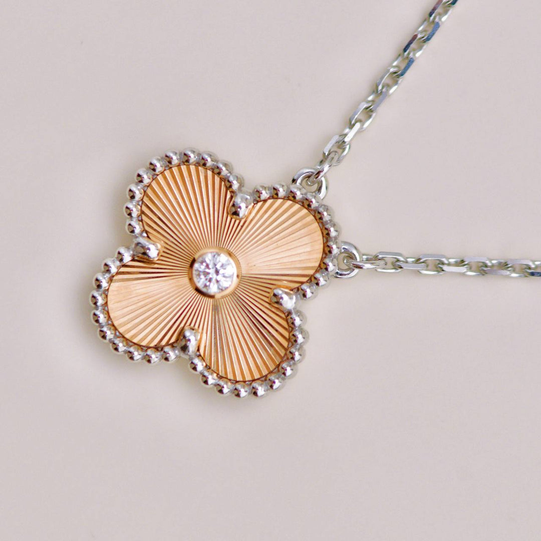 Preowned Van Cleef Vintage Alhambra Diamond Guilloché 18K Rose White Gold 2024 Holiday Necklace