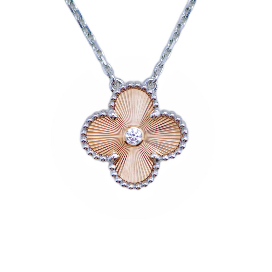 Preloved Van Cleef & Arpels Vintage Alhambra Diamond Guilloché 18K Rose White Gold 2024 Holiday Necklace