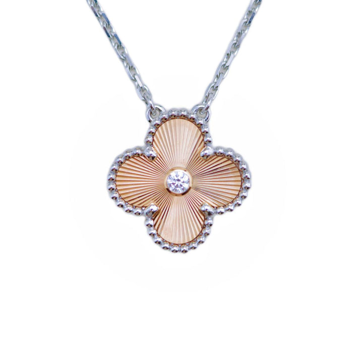 Preloved Van Cleef & Arpels Vintage Alhambra Diamond Guilloché 18K Rose White Gold 2024 Holiday Necklace
