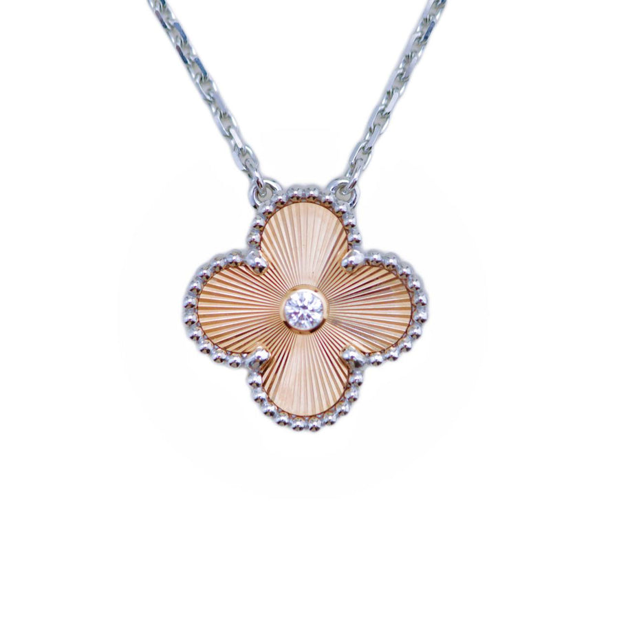 Preloved Van Cleef & Arpels Vintage Alhambra Diamond Guilloché 18K Rose White Gold 2024 Holiday Necklace