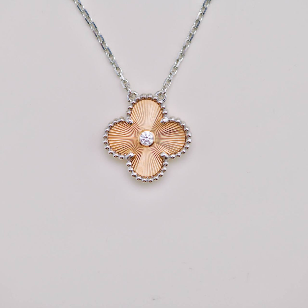 Used Van Cleef & Arpels Vintage Alhambra Diamond Guilloché 18K Rose White Gold 2024 Holiday Necklace