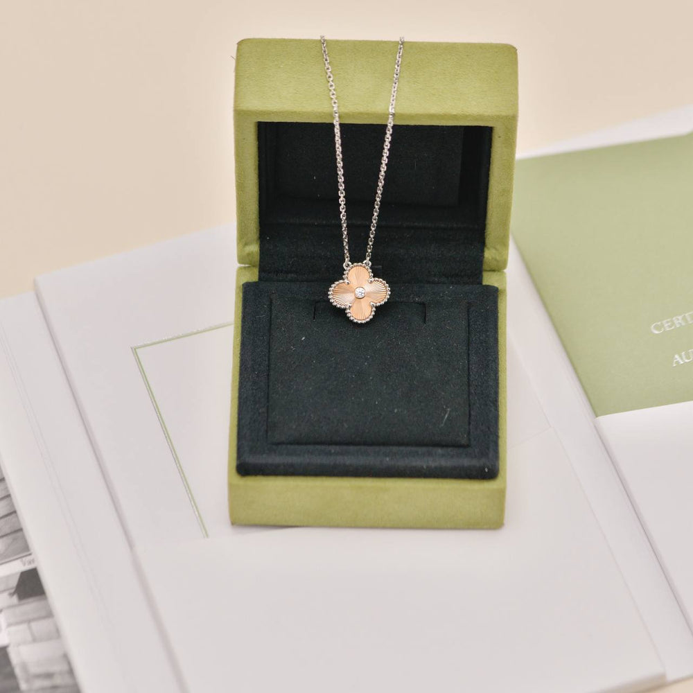 Preowned Van Cleef & Arpels Vintage Alhambra Diamond Guilloché 18K Rose White Gold 2024 Holiday Necklace