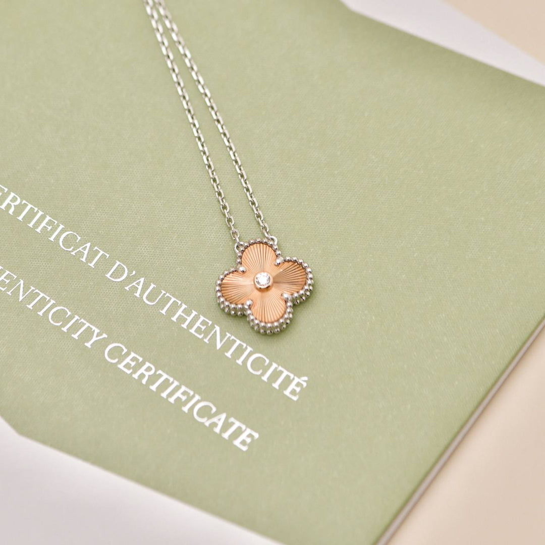 Second Hand Van Cleef & Arpels Vintage Alhambra Diamond Guilloché 18K Rose White Gold 2024 Holiday Necklace