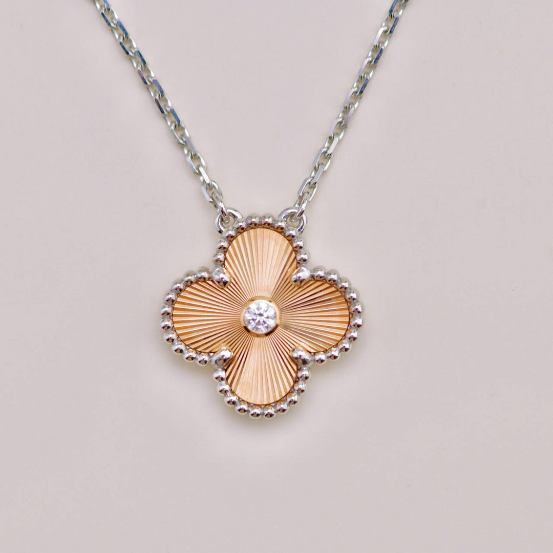 Preloved Van Cleef Vintage Alhambra Diamond Guilloché 18K Rose White Gold 2024 Holiday Necklace