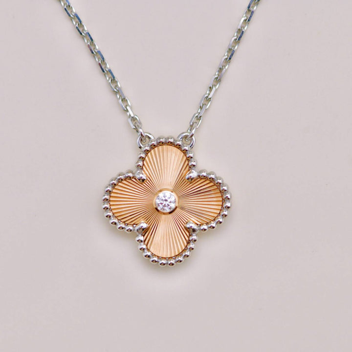 Preloved Van Cleef Vintage Alhambra Diamond Guilloché 18K Rose White Gold 2024 Holiday Necklace
