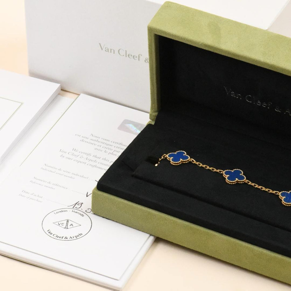 Preowned Van Cleef & Arpels Vintage Alhambra Blue Agate 18K Yellow Gold Bracelet