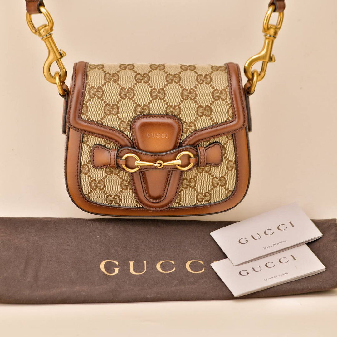 Second Hand Gucci Lady Web Original GG Beige Canvas Leather Shoulder Bag