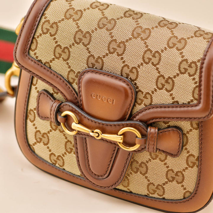 Used Gucci Lady Web Original GG Beige Canvas Leather Handbag