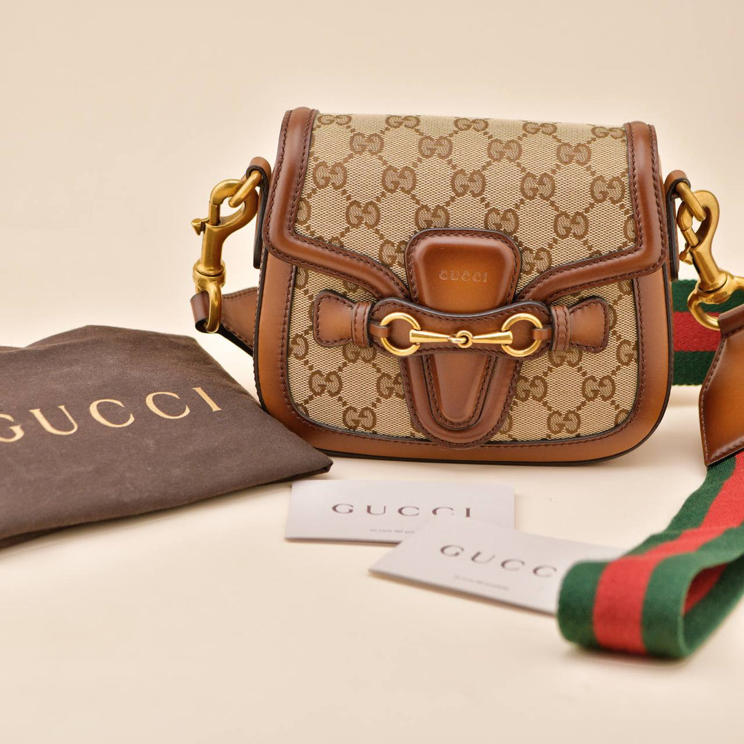 Preowned Gucci Lady Web Original GG Beige Canvas Leather Shoulder Bag