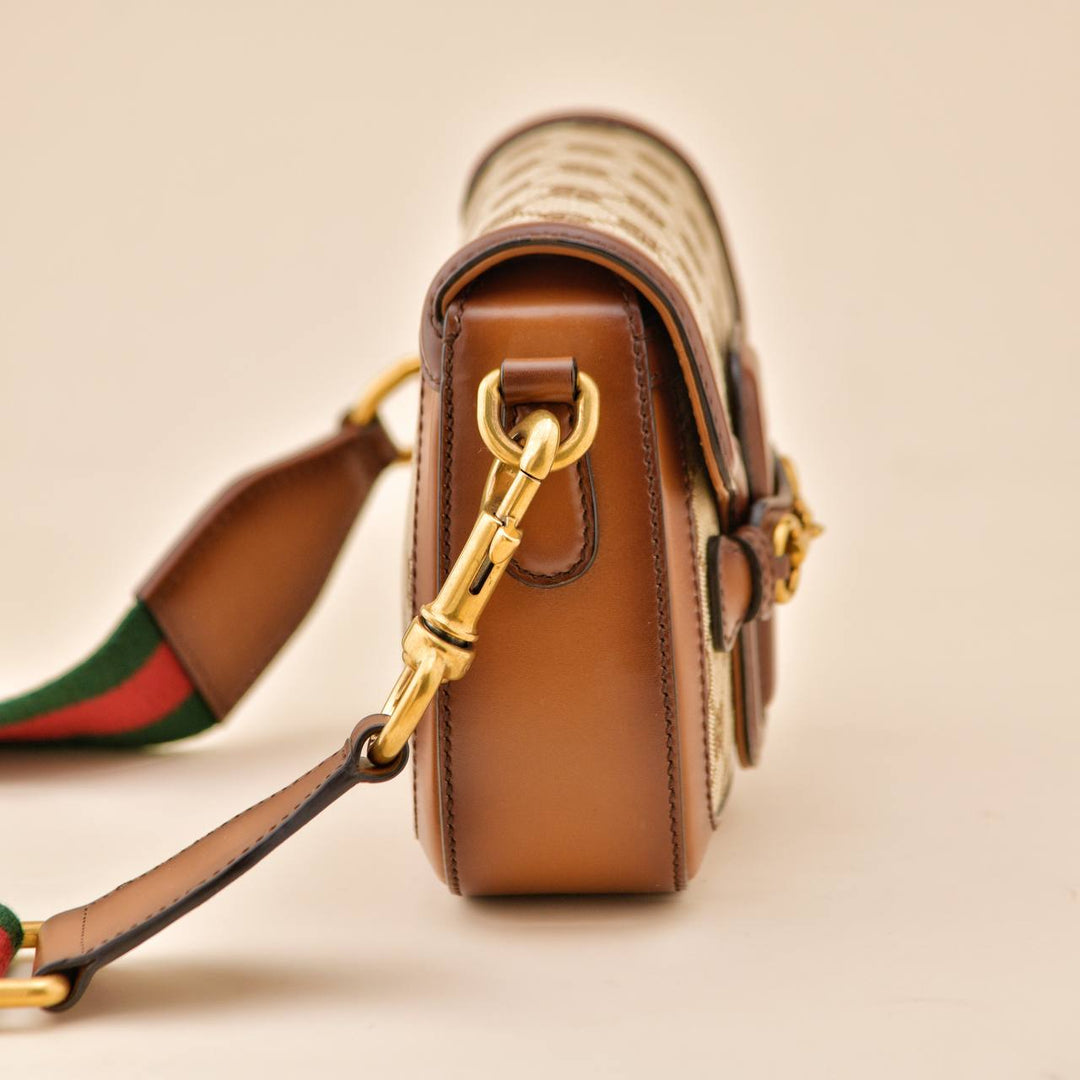 Second Hand Gucci Lady Web Original GG Beige Canvas Leather Handbag