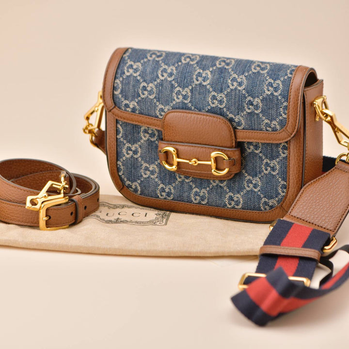 Preowned Gucci Horsebit 1955 Monogram Denim Crossbody bag