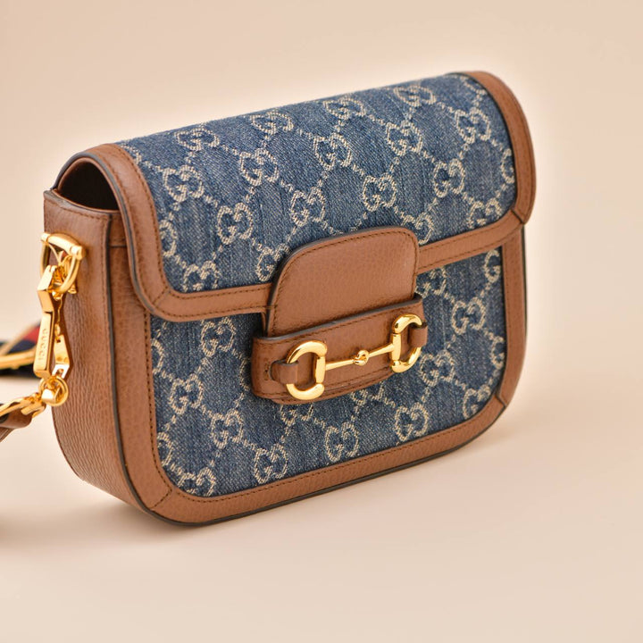 Preowned Gucci Horsebit 1955 Monogram Denim Handbag