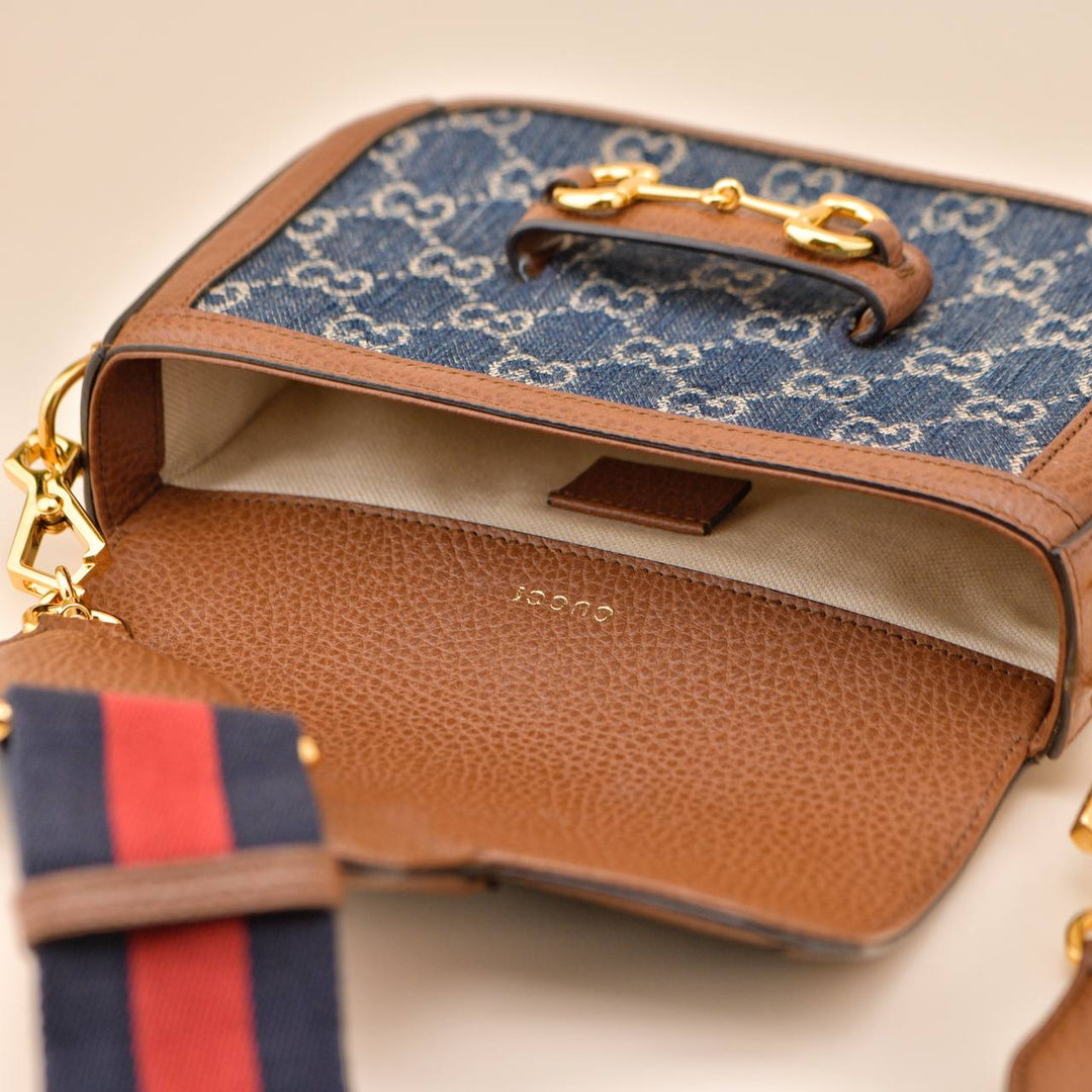 Used Gucci Horsebit 1955 Monogram Denim Handbag