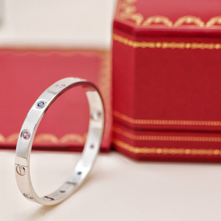 Second Hand Cartier Love Rainbow Multi-gem 18K White Gold Bracelet Size 17