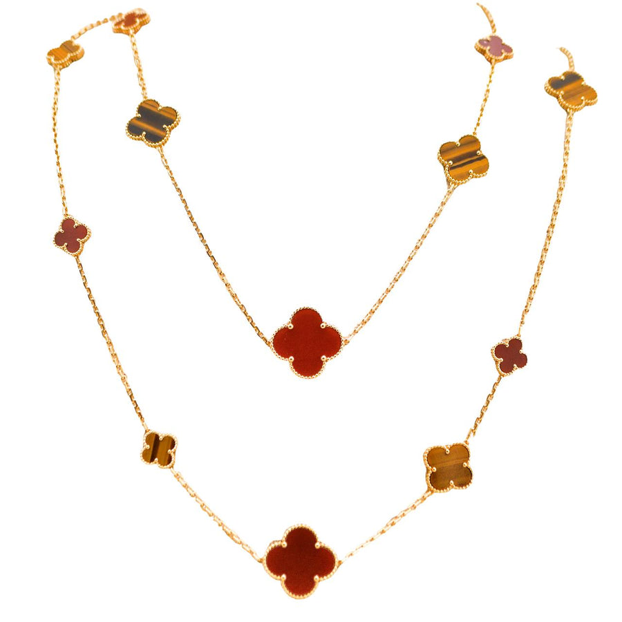 Preloved Van Cleef & Arpels Magic Alhambra 16 Motif Carnelian Tiger's Eye 18K Yellow Gold Necklace