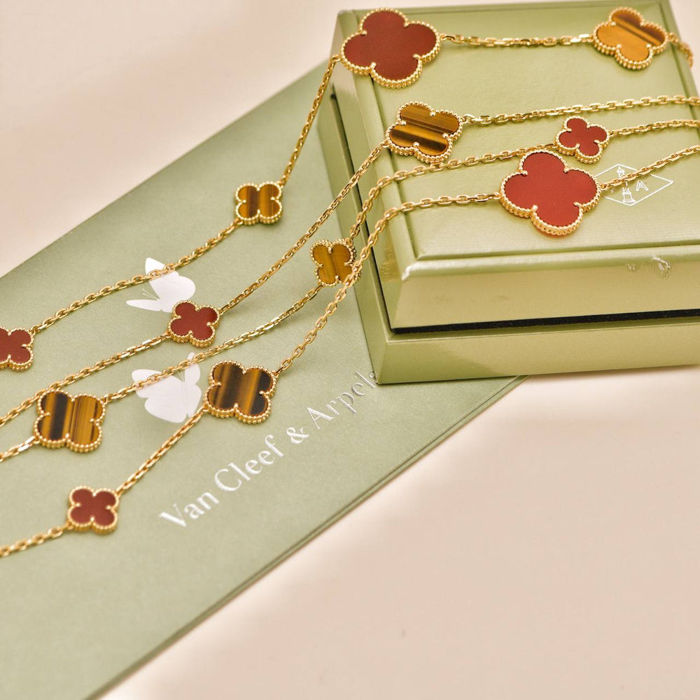 Preowned Van Cleef & Arpels Magic Alhambra 16 Motif Carnelian Tiger's Eye 18K Yellow Gold Necklace