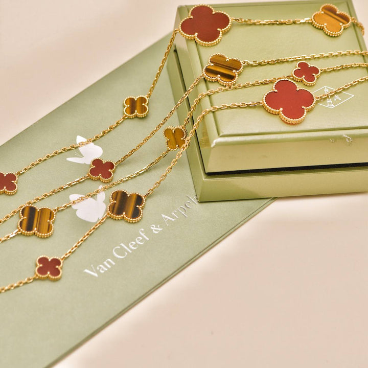 Preowned Van Cleef & Arpels Magic Alhambra 16 Motif Carnelian Tiger's Eye 18K Yellow Gold Necklace