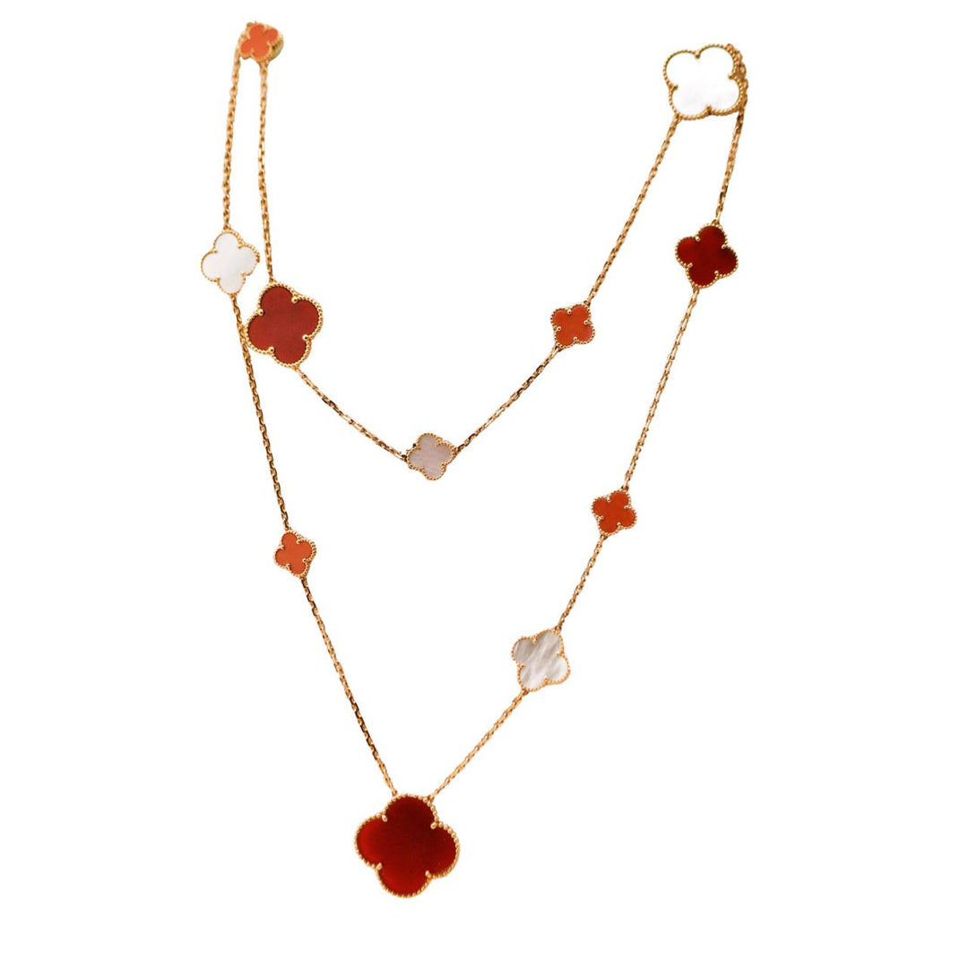 Preloved Van Cleef & Arpels VIP Magic Alhambra Carnelian Coral and Mother of Pearl 18K Rose Gold Necklace