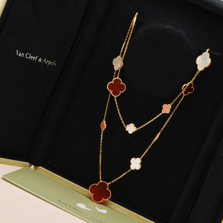 Preowned Van Cleef & Arpels VIP Magic Alhambra Carnelian Coral and Mother of Pearl 18K Rose Gold Necklace