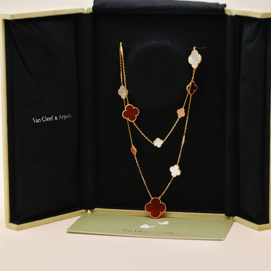 Second Hand Van Cleef & Arpels VIP Magic Alhambra Carnelian Coral and Mother of Pearl 18K Rose Gold Necklace