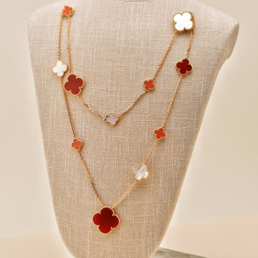 Used Van Cleef & Arpels VIP Magic Alhambra Carnelian Coral and Mother of Pearl 18K Rose Gold Necklace