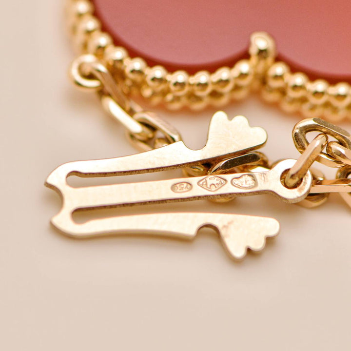 Preowned Van Cleef VIP Magic Alhambra Carnelian Coral and Mother of Pearl 18K Rose Gold Necklace