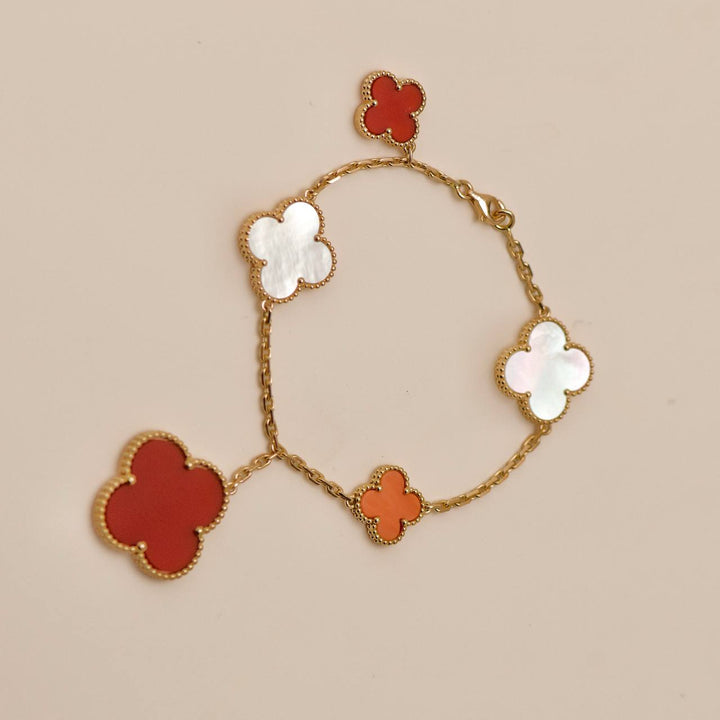 Preloved Van Cleef VIP Magic Alhambra Carnelian Coral and Mother of Pearl 18K Rose Gold Bracelet