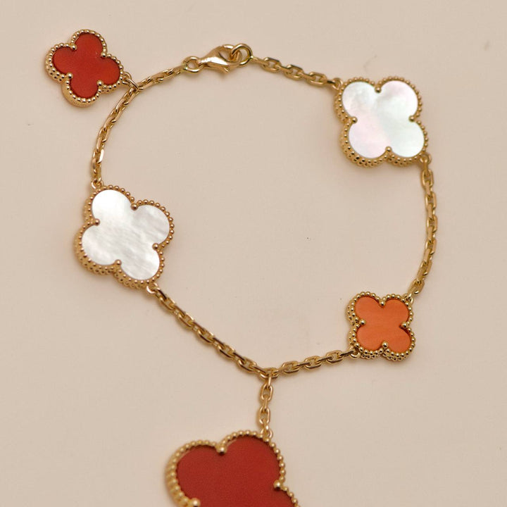 Preowned Van Cleef VIP Magic Alhambra Carnelian Coral and Mother of Pearl 18K Rose Gold Bracelet