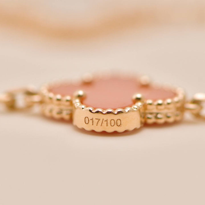 Preloved Van Cleef VIP Magic Alhambra Carnelian Coral and Mother of Pearl 18K Rose Gold Necklace