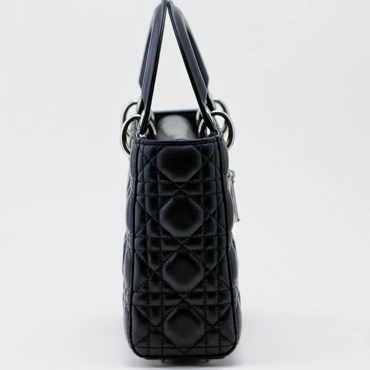 Used Dior Lady Dior Black Leather Small Size Silver Hardware Handbag