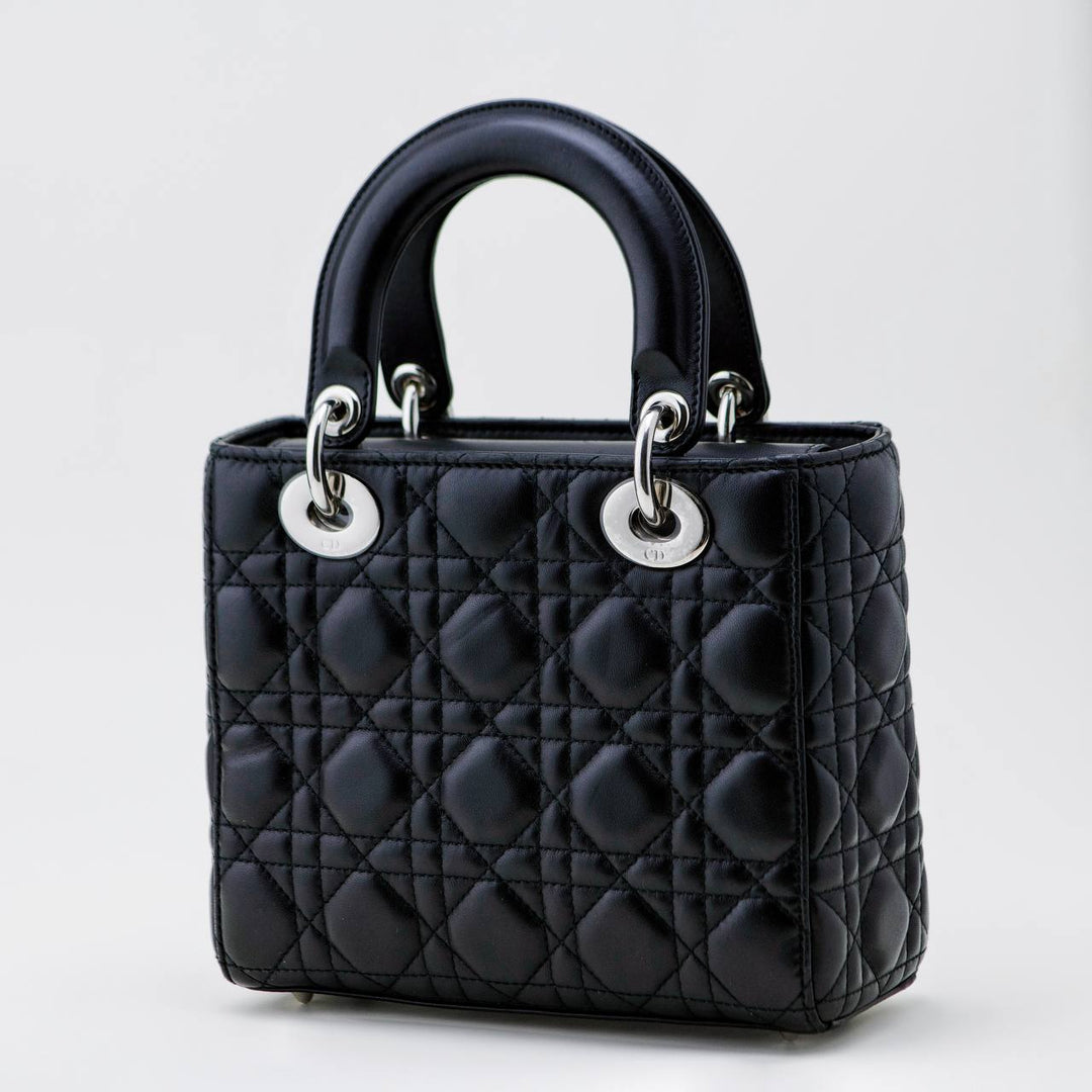 Second Hand Dior Lady Dior Black Leather Small Size Silver Hardware Handbag