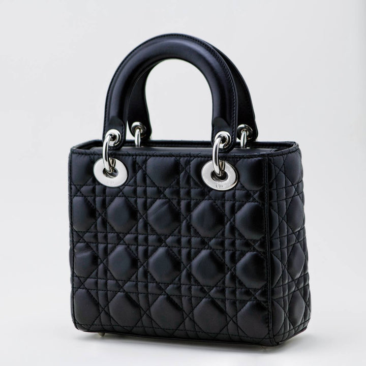Second Hand Dior Lady Dior Black Leather Small Size Silver Hardware Handbag