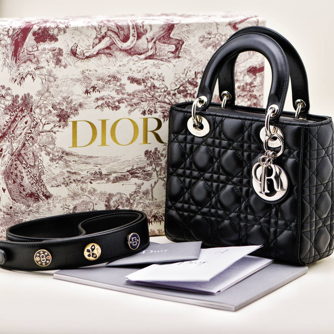 Preowned Dior Lady Dior Black Leather Small Size Silver Hardware Handbag